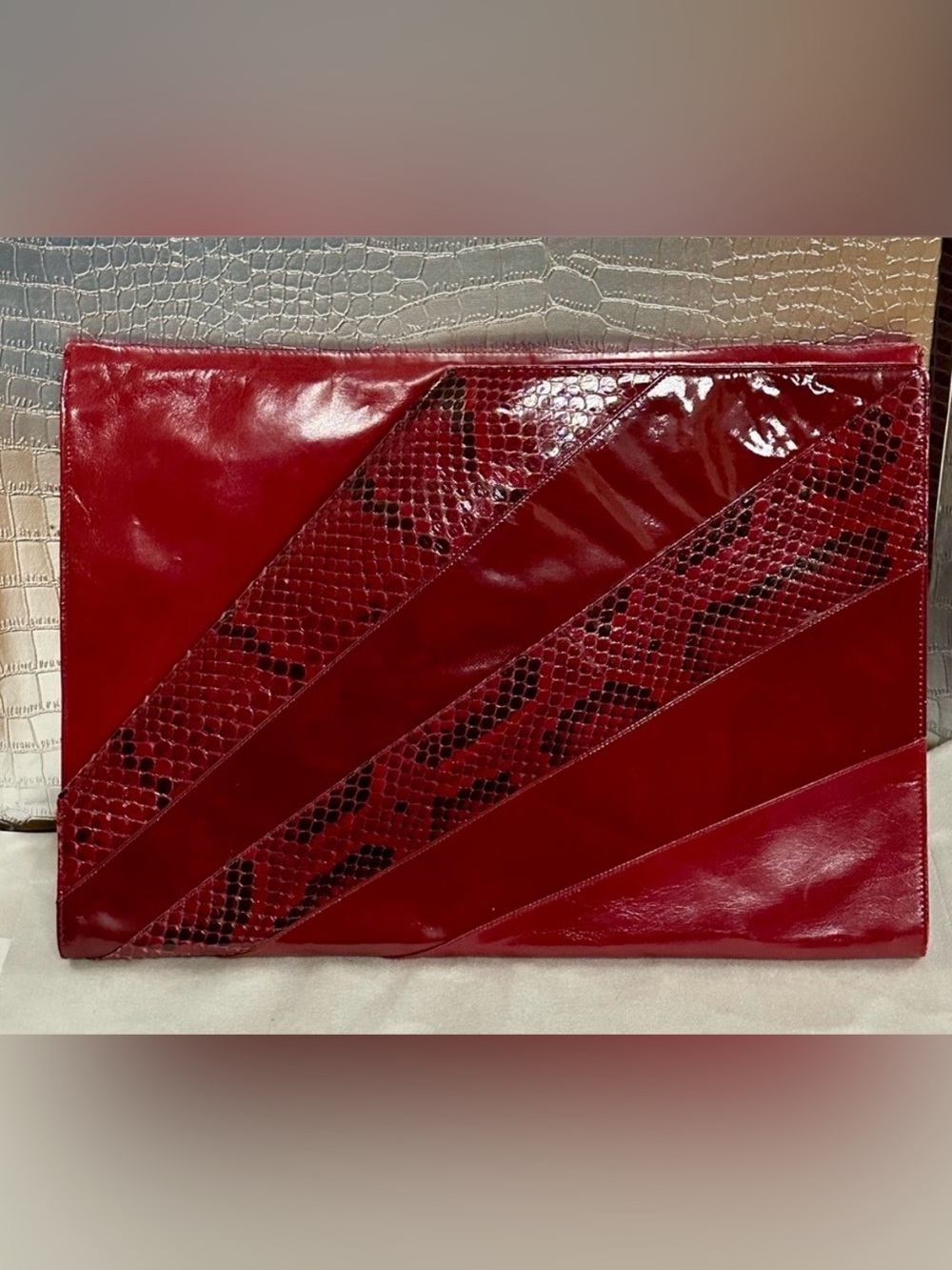 Vintage Aldrovandi Red Snakeskin Pattern Envelope Clutch Made in Italy